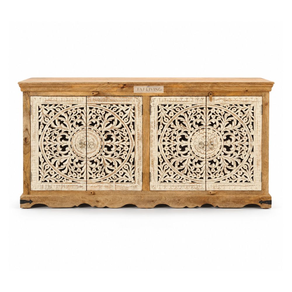 Handcrafted Solid Wood Sideboard Cabinet with Intricate Mandala Carved Doors
