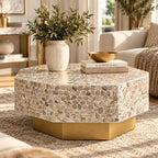 Mother of Pearl Inlay Hexagon Coffee Table – White with Brass Base