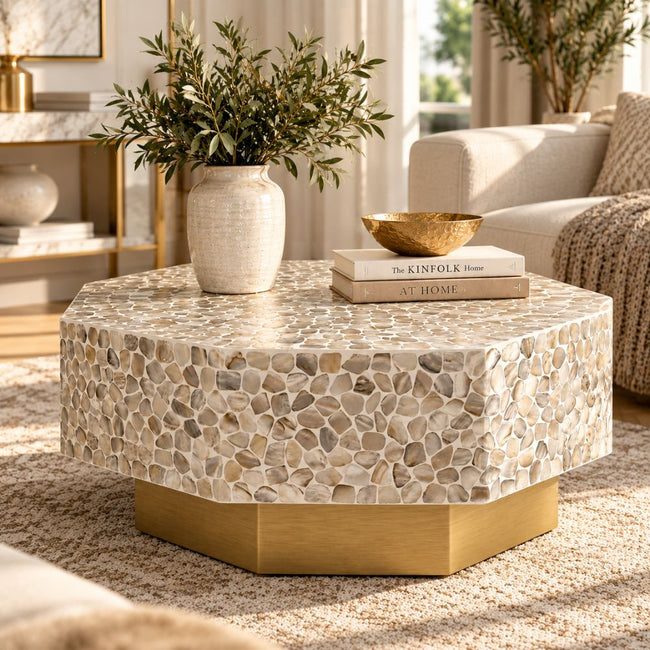 Mother of Pearl Inlay Hexagon Coffee Table – White with Brass Base Main Image