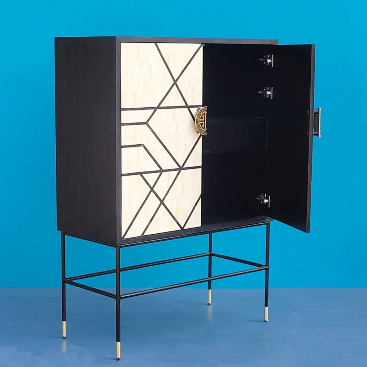 Kashvi Black & White Bone Inlay 2-Door Cabinet – Geometric Design