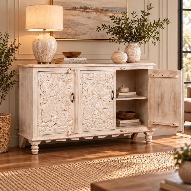 Jharokha Hand-Carved Whitewashed Mango Wood Cabinet Main Image