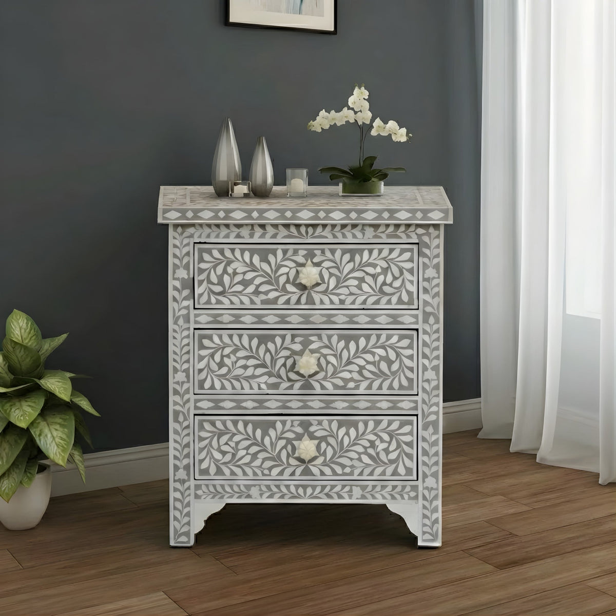 Rooh Bone Inlay Grey Floral 2 Drawer Bedside Table