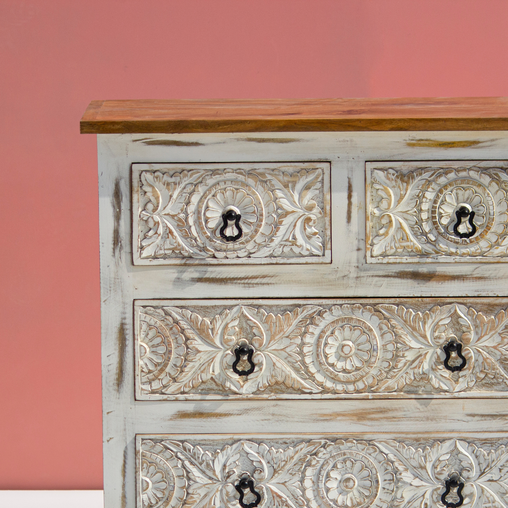 Sheeshmahal Hand-Carved Floral Wooden Chest of Drawers