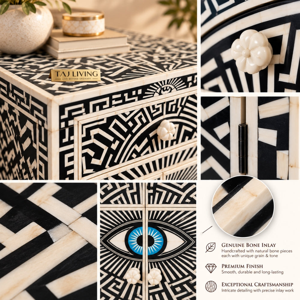 Kashvi Handmade Bone Inlay Nightstand | Black Floral Round Bedside Table