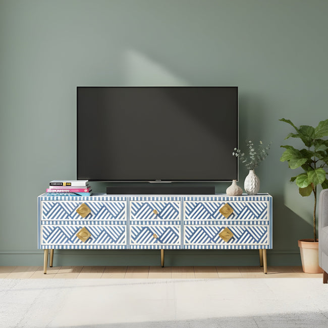 Riwaayat Blue & White Chevron Bone Inlay TV Unit Hover Image