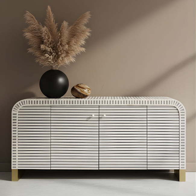 Ayodhya White Striped Sideboard Cabinet with Brass Base Hover Image