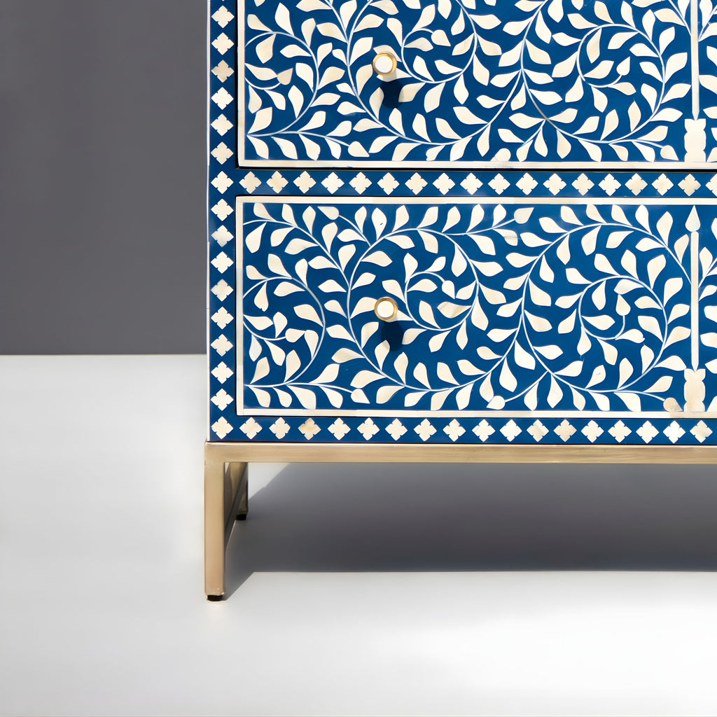 Mewarika Blue & White Bone Inlay Chest 6 Drawer Floral Pattern
