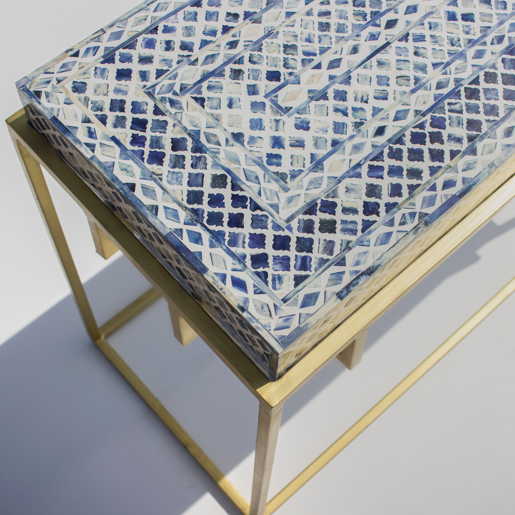Dharohar Blue Bone Inlay Console Table - Geometric Pattern