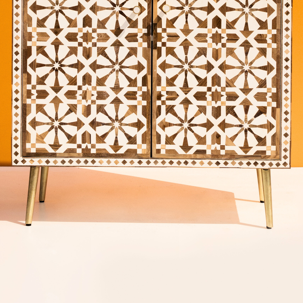 Bone inlay 2 Door Cabinet with Geometric Pattern