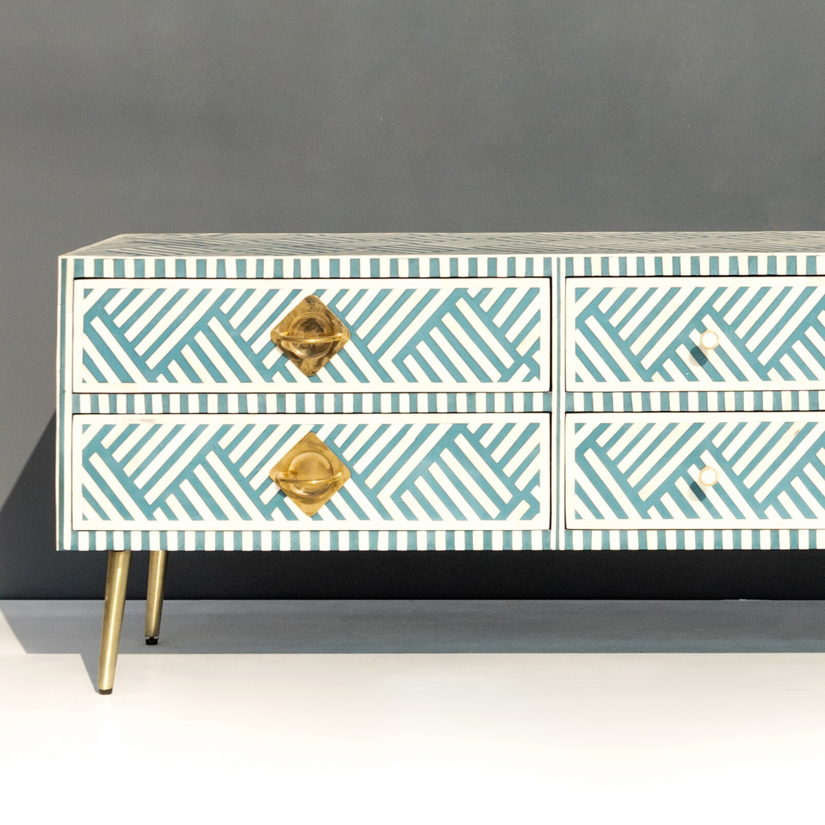 Handmade Bone inlay Media Console Table with Brass Knobs