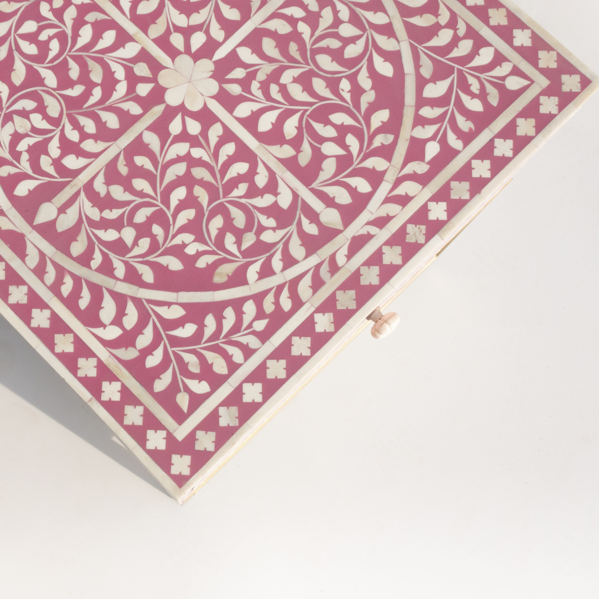Bone inlay Floral Bedside Table with Gold Metal Base