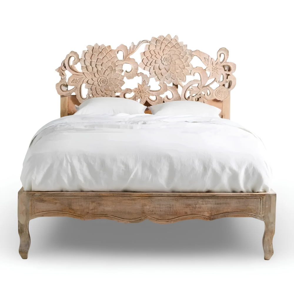 Parampara Hand Carved Solid Mango Wood Floral Bed for Bedroom