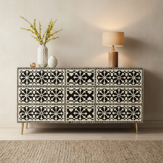 Contemporary Black & White Bone Inlay 6 Drawer Chest with Brass Legs Hover Image
