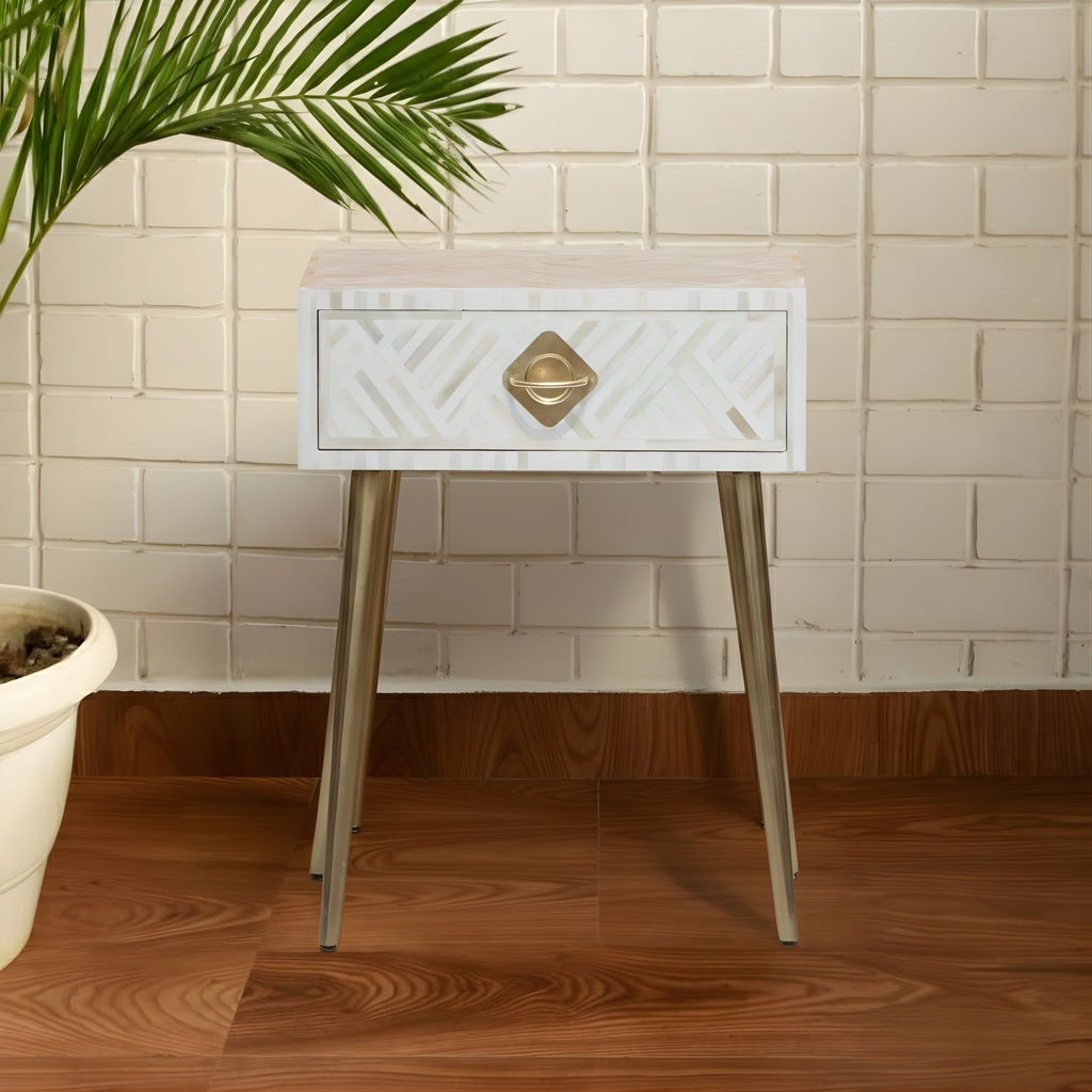 Kesarika Bone Inlay 1 Drawer White Bedside Table