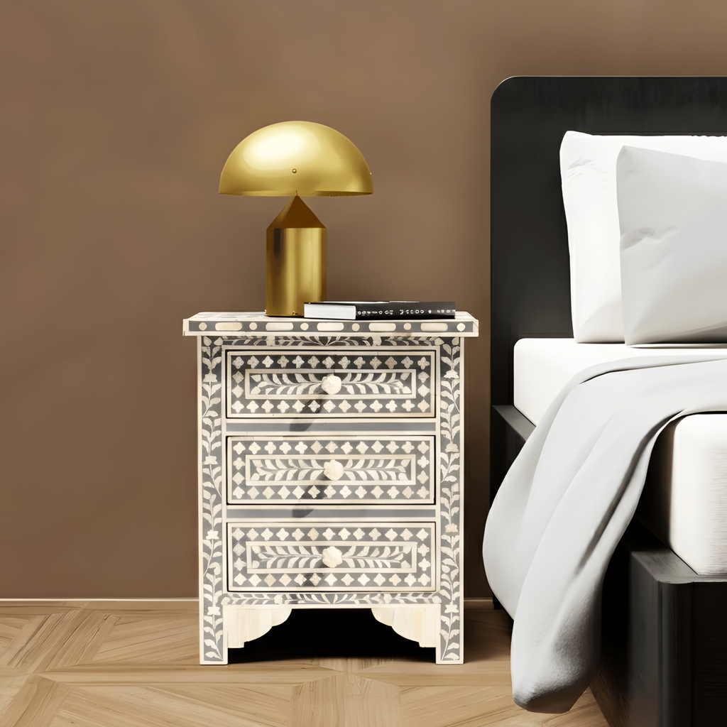 Handcrafted Grey Bone Inlay 3 Drawer Bedside Table