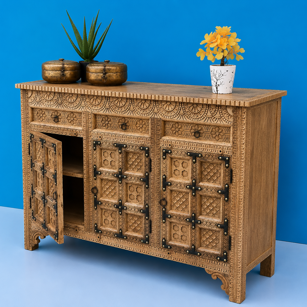 Royal Carved Solid Mango Wood Sideboard Storage Cabinet