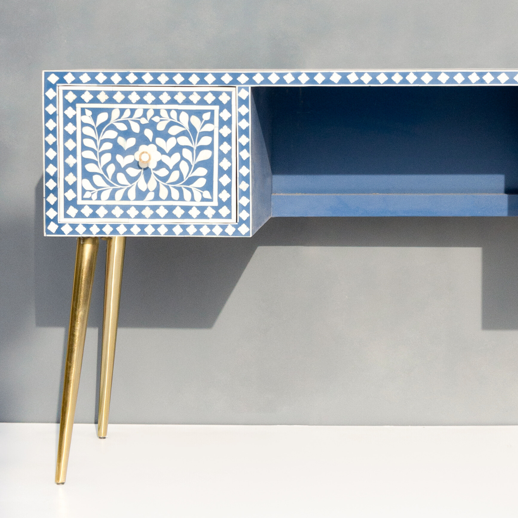 Handmade Bone inlay Floral Study Desk / Console Table and Brass-Finished Legs