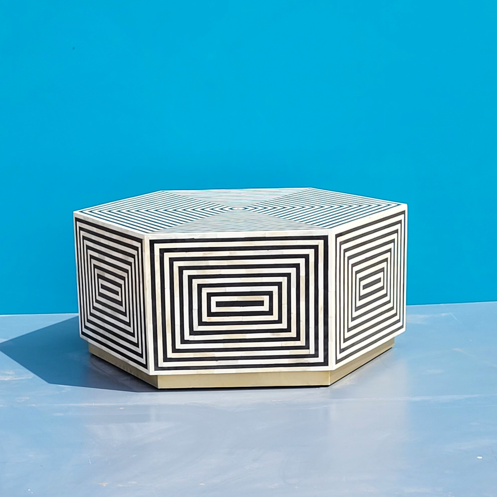 Bone Inlay Hexagon Coffee Table Geometric Pattern