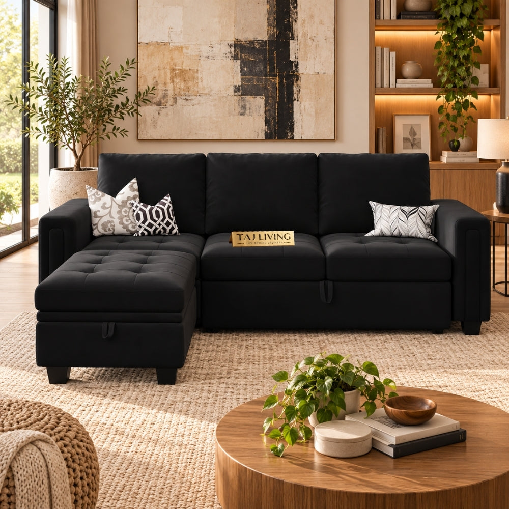 3-Seater Pull-Out Sofa Cum Bed with Storage Velvet Ottoman