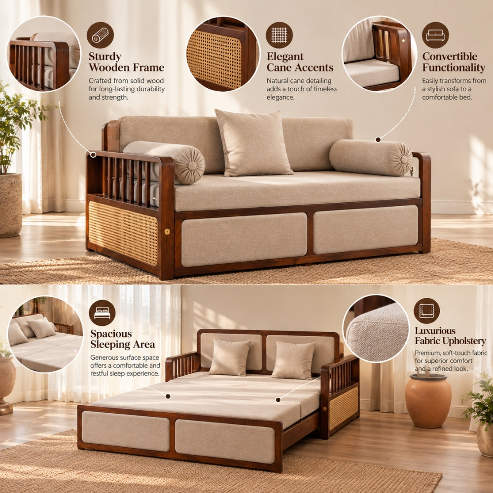 Vaastu 3-Seater Teak Wood Sofa Cum Bed in Premium Upholstery with Cane Weaving & Brass Accents