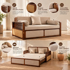 Vaastu 3-Seater Teak Wood Sofa Cum Bed in Premium Upholstery with Cane Weaving & Brass Accents
