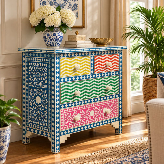 Rainbow Bone Inlay Dresser – Multicolor Geometric Chest of Drawers Main Image