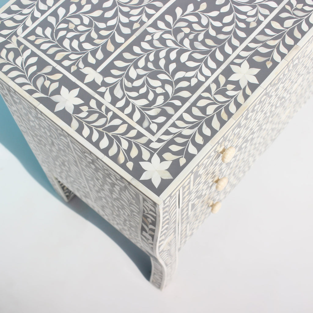 Virasat Grey & White Floral Bone Inlay Chest of 3 Drawer with French Colonial Curved Legs