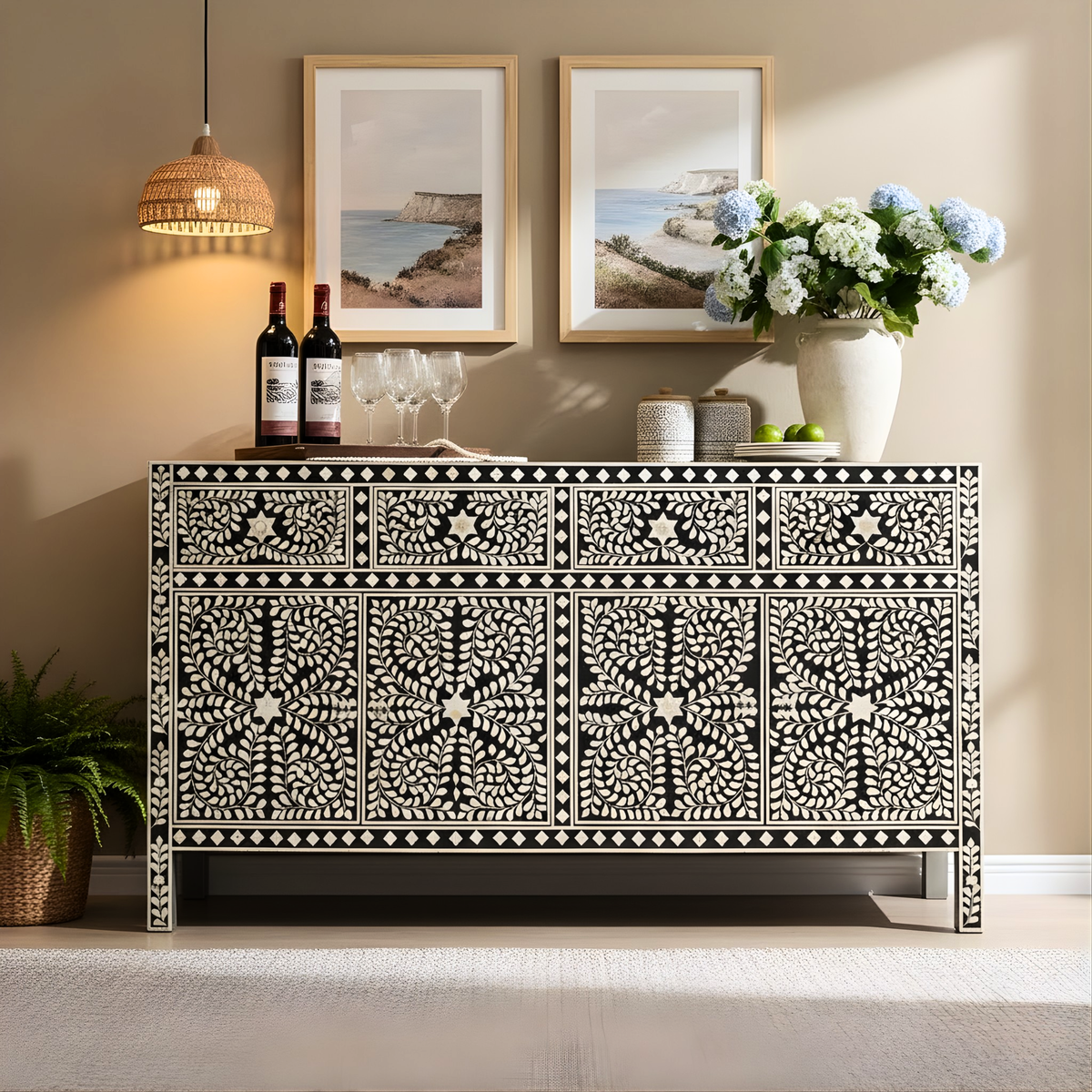 Mandana Bone Inlay Sideboard with Floral Pattern – Handcrafted Storage Cabinet