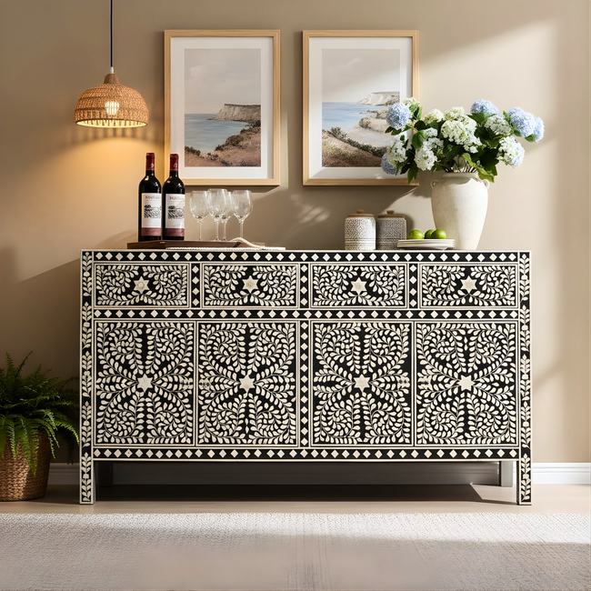 Mandana Bone Inlay Sideboard with Floral Pattern – Handcrafted Storage Cabinet Hover Image
