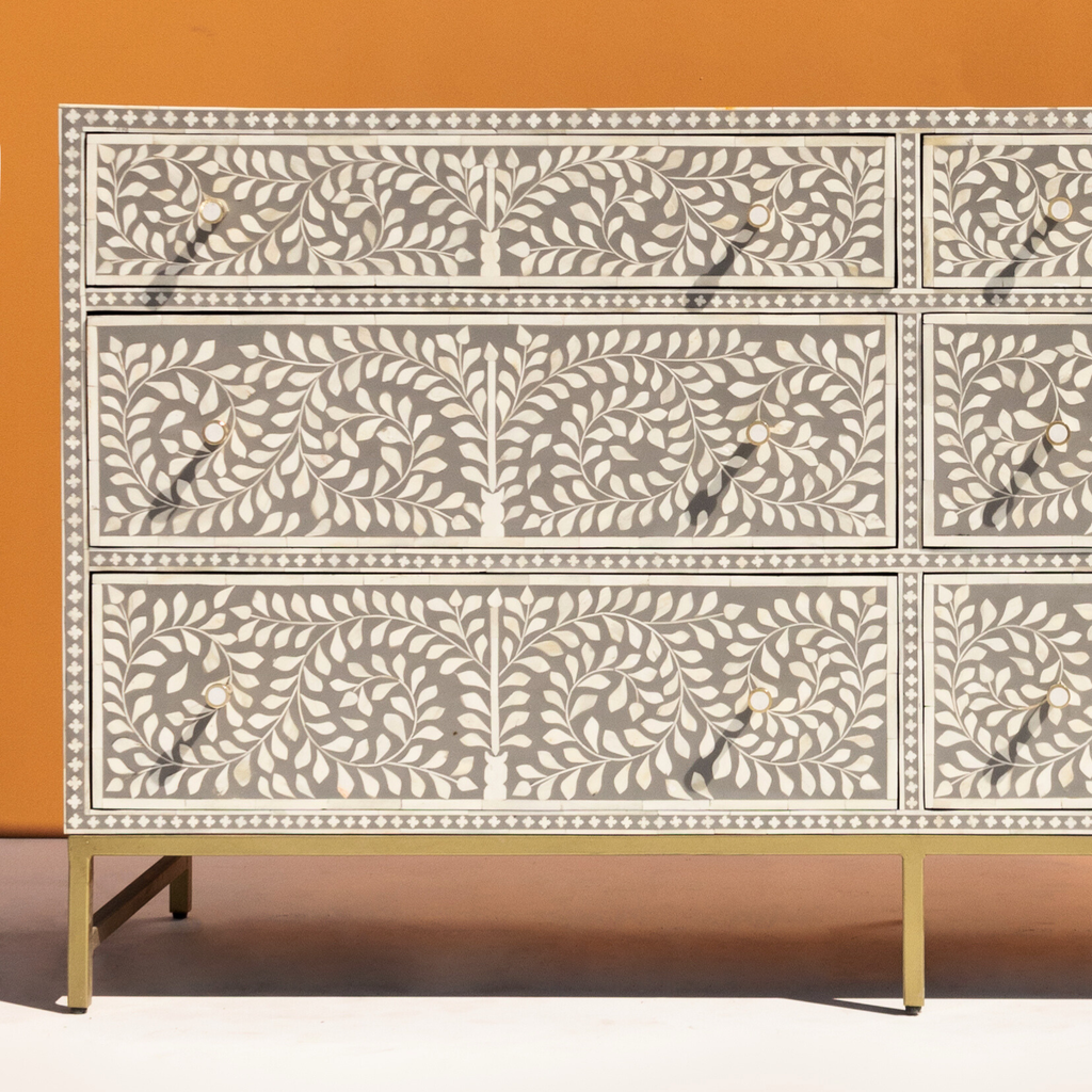 Luxury Grey Bone Inlay Chest of 6 Drawers with Floral Design