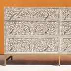 Luxury Grey Bone Inlay Chest of 6 Drawers with Floral Design