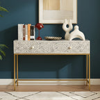 Mehrang Grey Floral Scroll Bone Inlay Console Table with Brass-Finish Frame – 2 Drawer