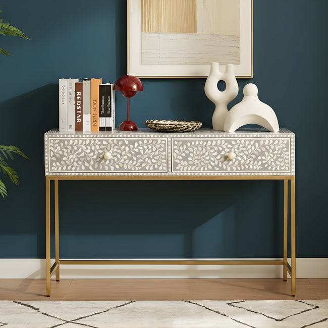 Mehrang Grey Floral Scroll Bone Inlay Console Table with Brass-Finish Frame – 2 Drawer Hover Image