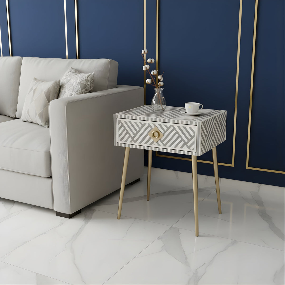 Aabha Sky Blue Bone Inlay 1 Drawer Bedside Table