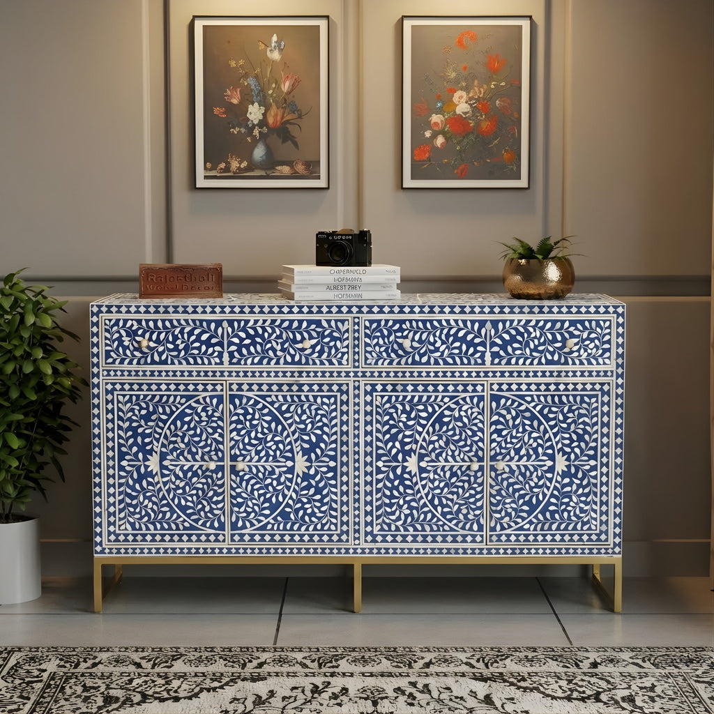 Naqsh Neel Floral Bone Inlay Sideboard with Gold-Finish Stand – 4 Door & 2 Drawer