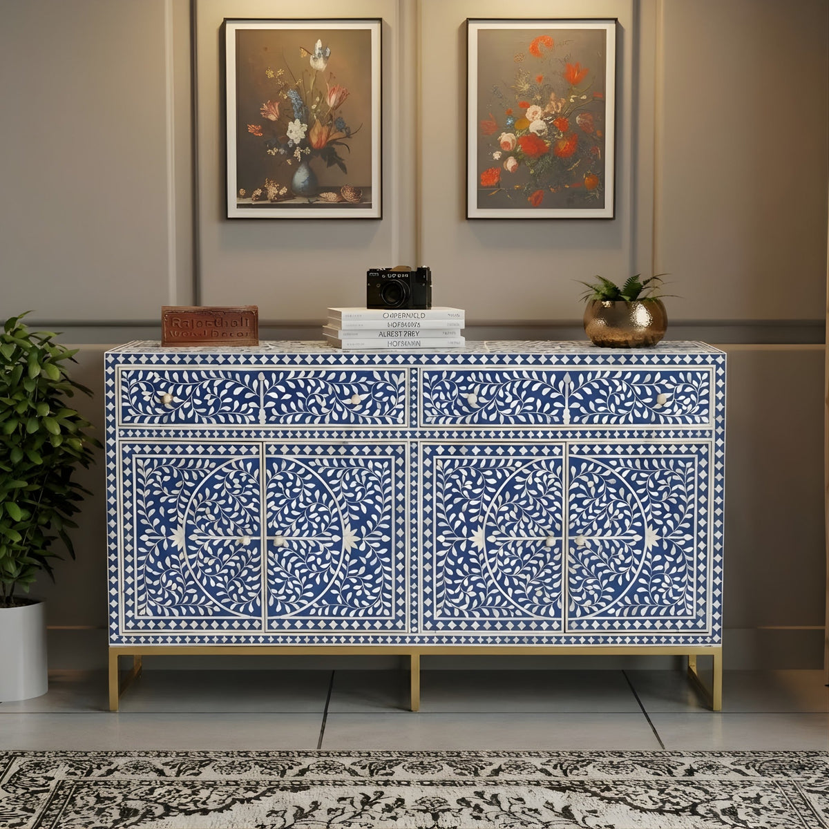 Naqsh Neel Floral Bone Inlay Sideboard with Gold-Finish Stand – 4 Door & 2 Drawer