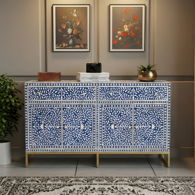 Naqsh Neel Floral Bone Inlay Sideboard with Gold-Finish Stand – 4 Door & 2 Drawer Hover Image