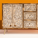 Bone Inlay Floral 3 Drawer and 2 Doors Sideboard with Brass Knobs