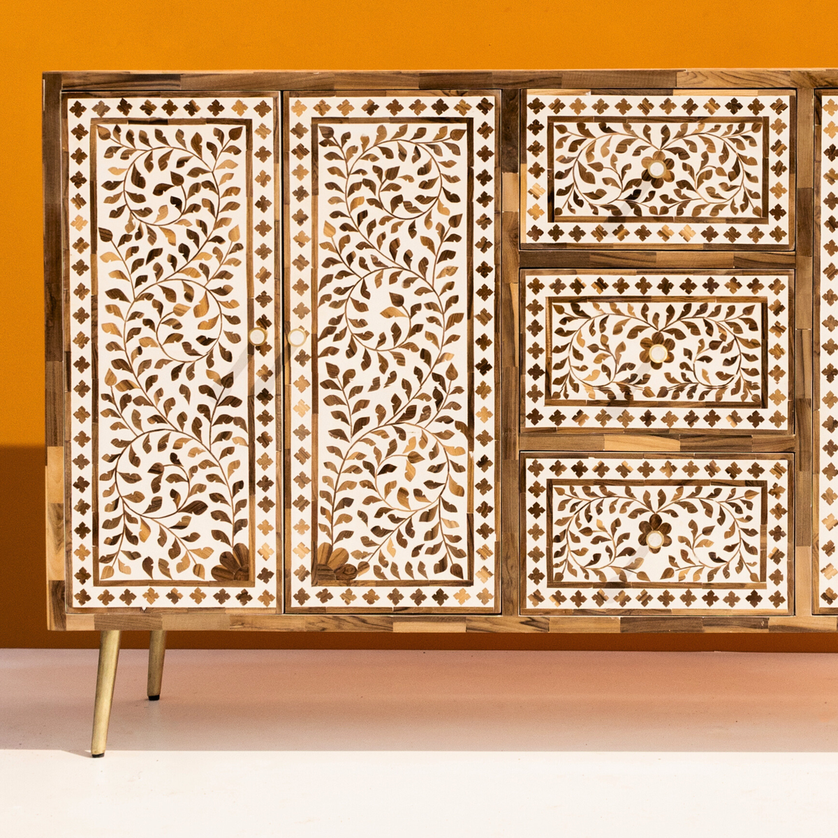 Bone Inlay Floral 3 Drawer and 2 Doors Sideboard with Brass Knobs