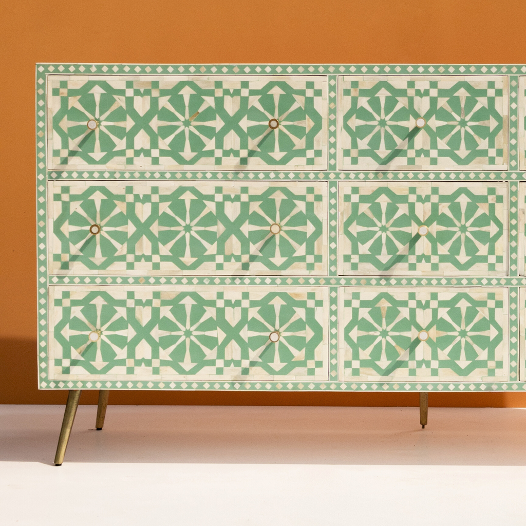 Bone Inlay Chest of 9 Drawers ( Mint Green )