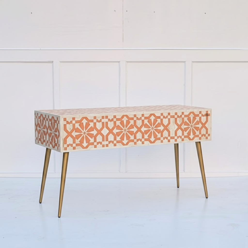 Warli Peach and White Floral Bone Inlay 2-Drawer Office/Home Desk