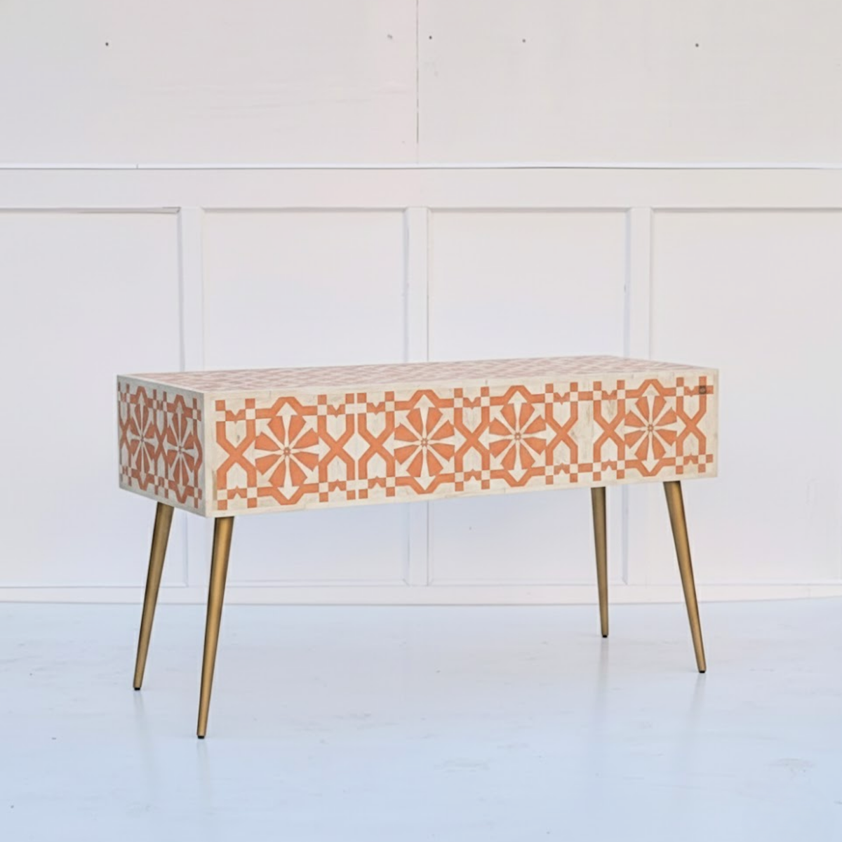 Warli Peach and White Floral Bone Inlay 2-Drawer Office/Home Desk