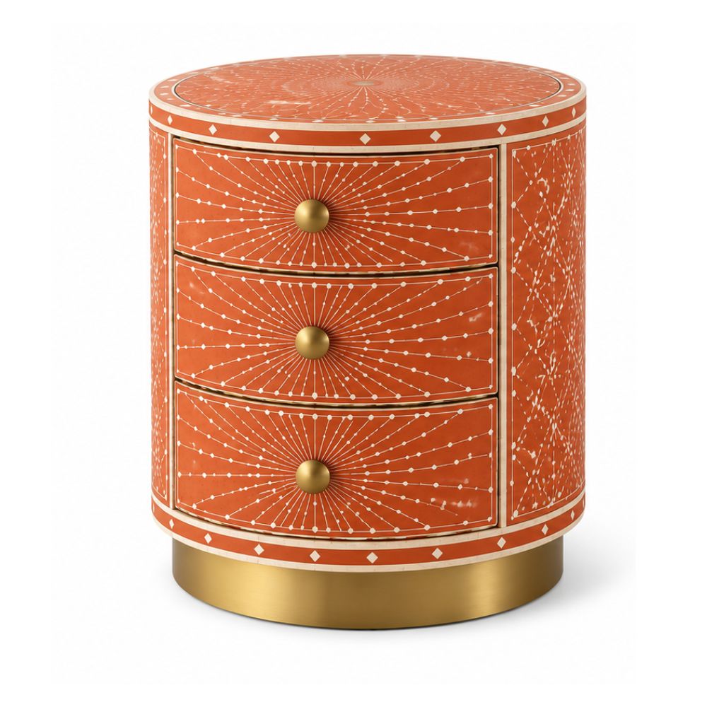 Round Bone Inlay Nightstand | Terracotta 3-Drawer Drum Table