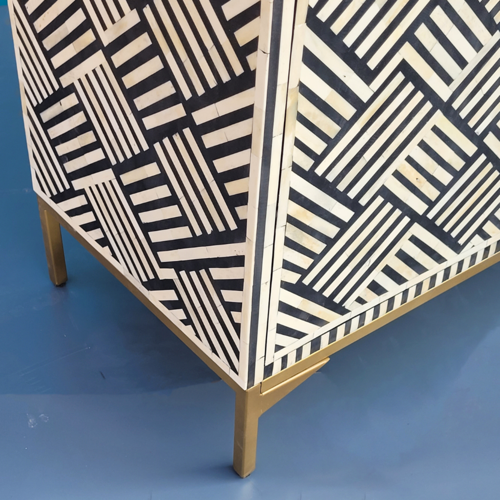 Parampara Bone Inlay Black & White 3 Door Storage Sideboard with Gold-toned legs