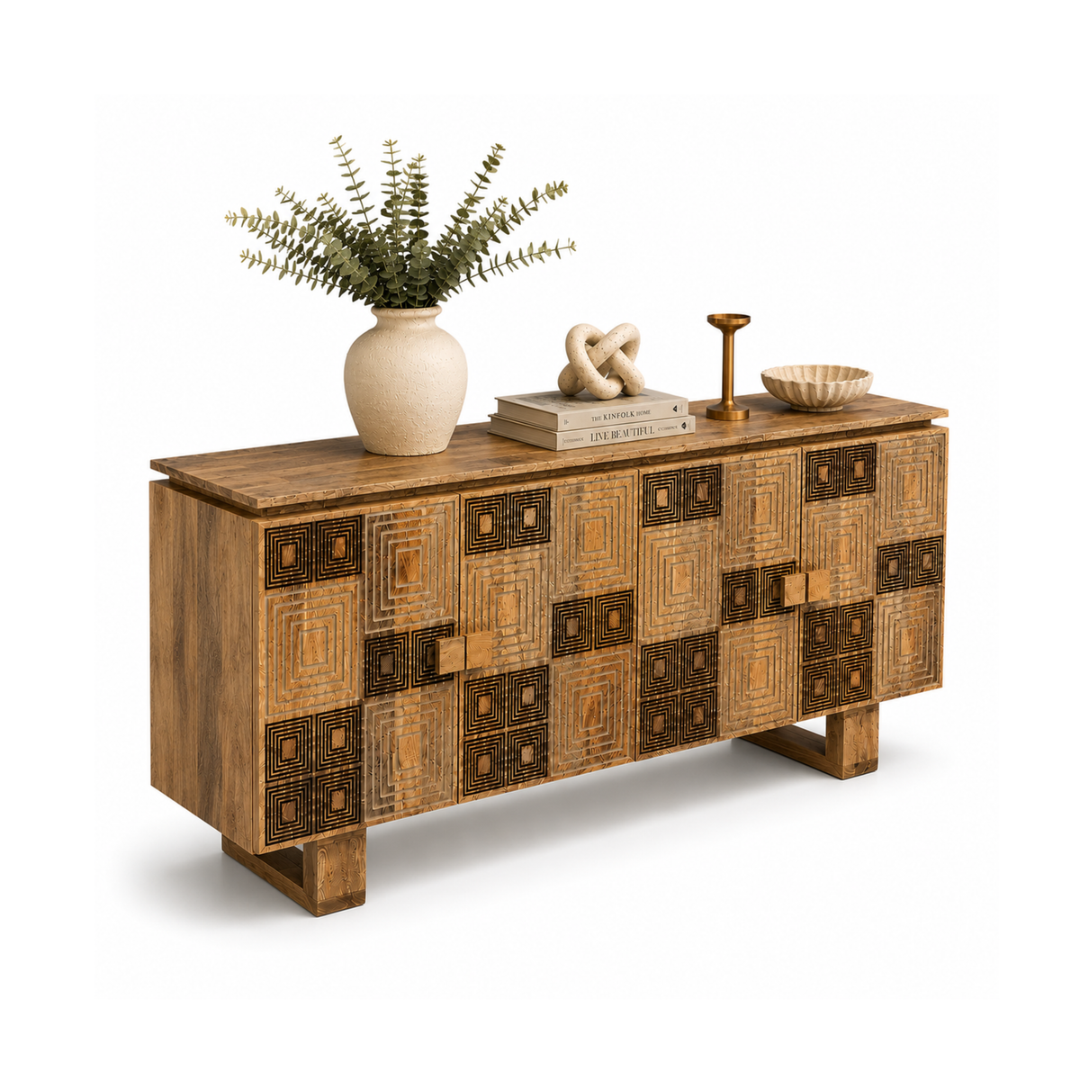 Rangmahal Geometric Wooden Block-Pattern Sideboard