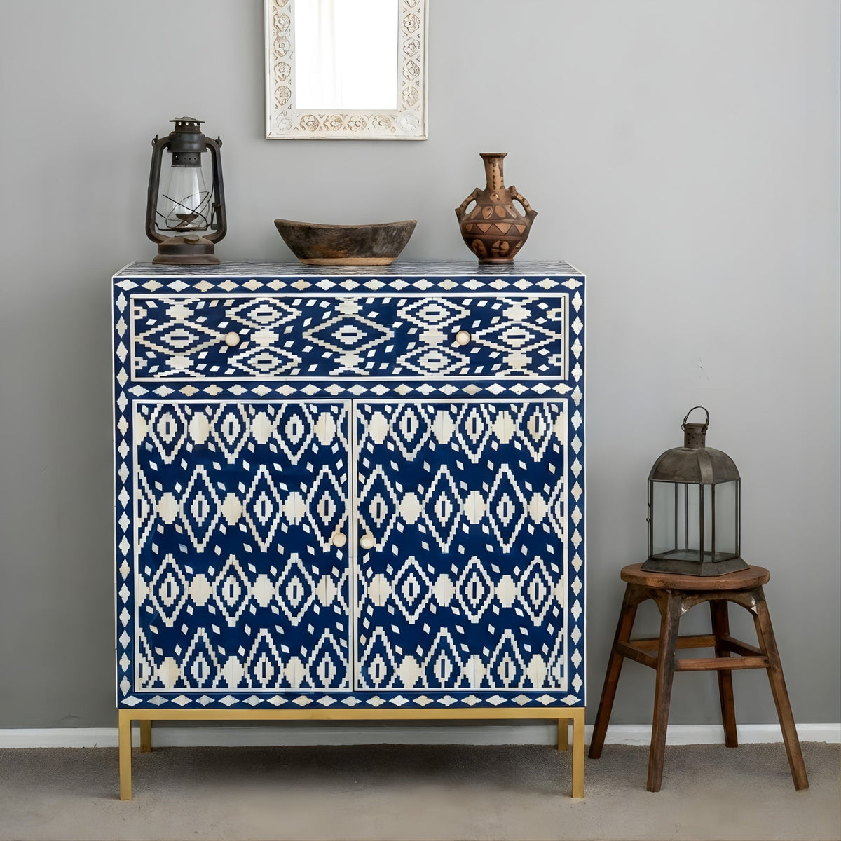 Neelmaru Blue & White Geometric Bone Inlay Cabinet with Gold-Finish Legs