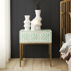 Mint Green Bone Inlay Bed Side Table with Brass Finish Legs