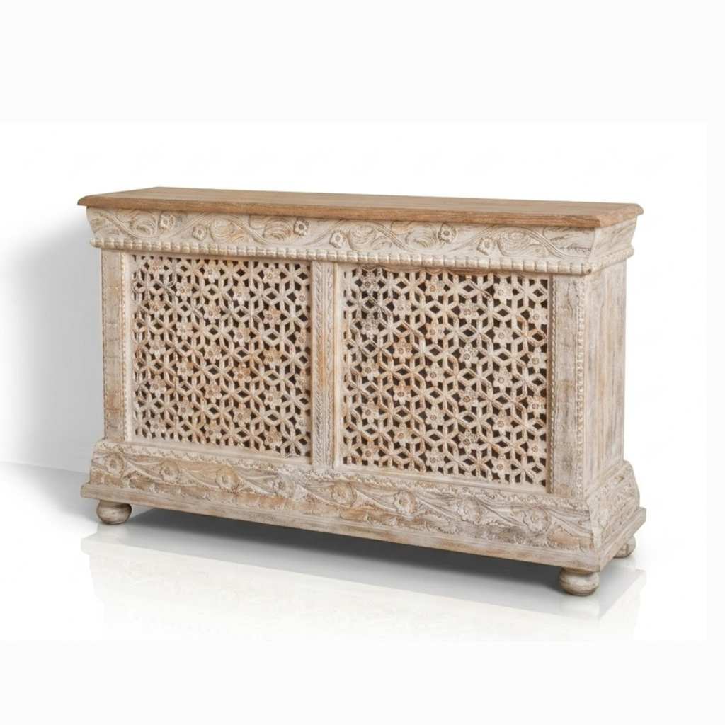 Rangriti Hand Carved Wooden Sideboard – Handcrafted Rajasthani Jali Cabinet