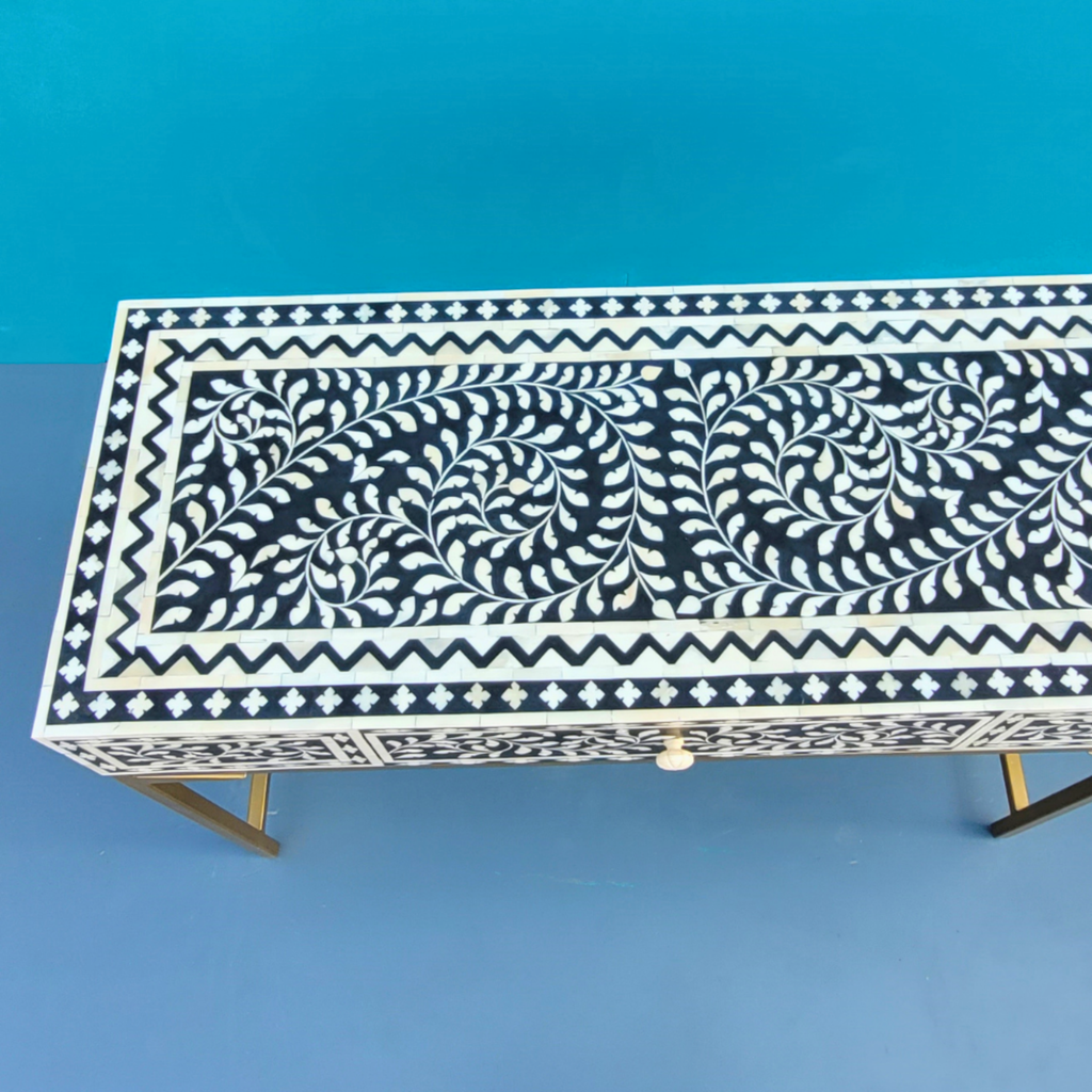 Regal Black & White Floral Bone Inlay Console Table with Gold-Finish Base