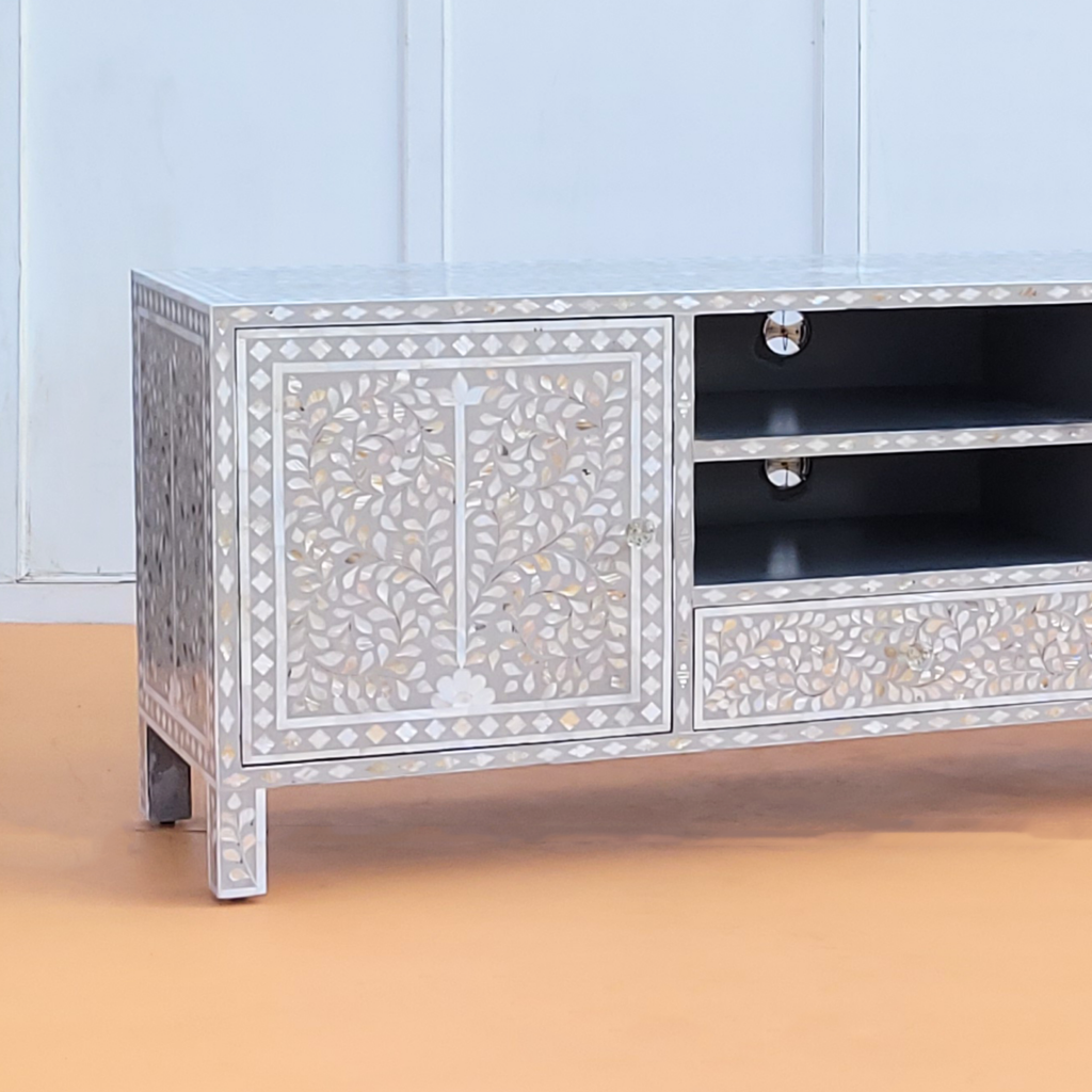 Meher Mother of Pearl inlay 2 Open Shelves and 2 Side Cabinet Media Console
